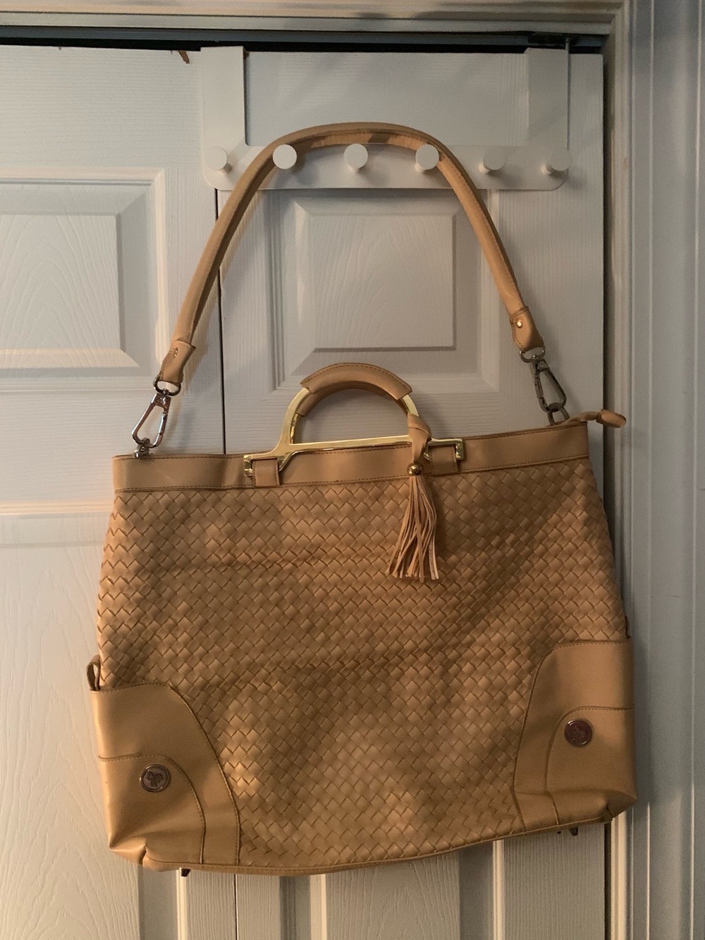 Joy Mangano JM Beige Woven basketweave Convertible Shoulder bag Purse tote